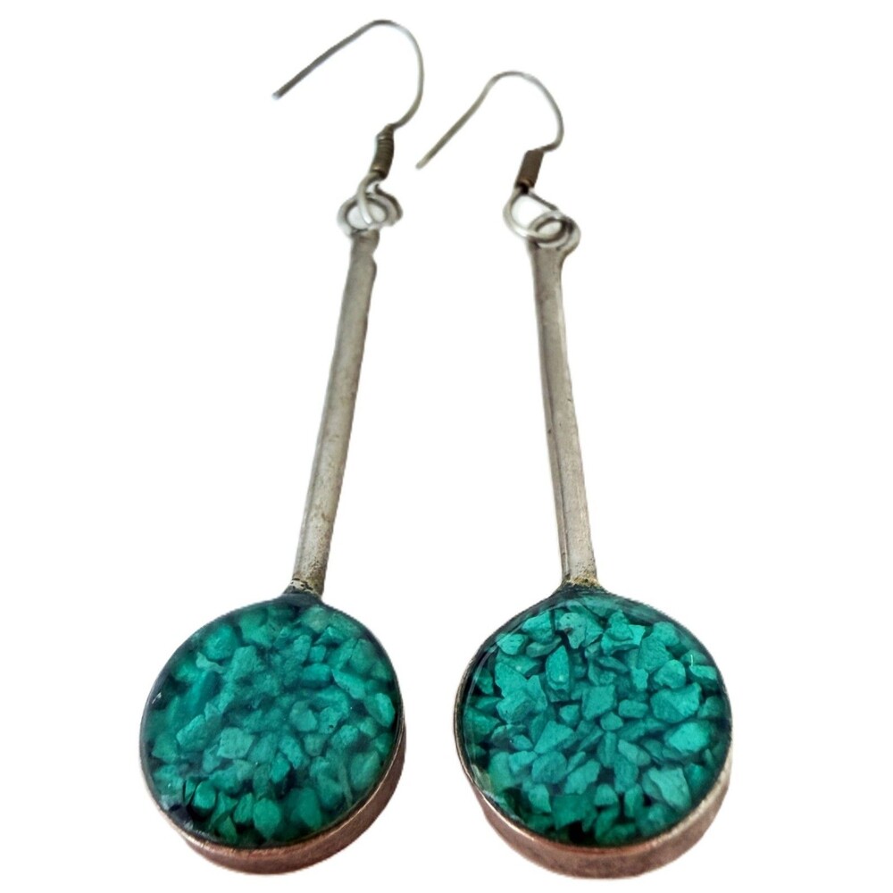 Vintage Reversible Drop Earrings Green Chip Inlay & Black Onyx Modernist Descri